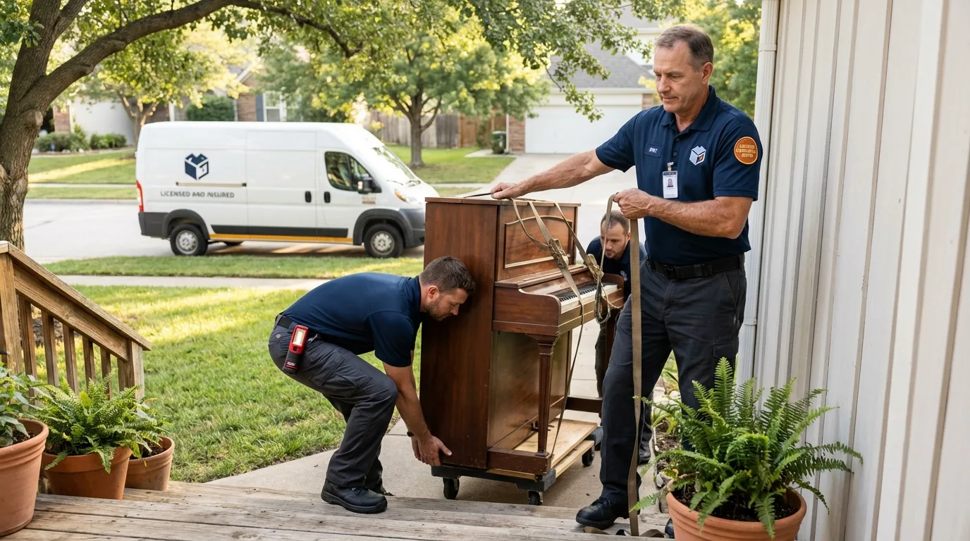 Licensed piano movers securing grand piano in Lorton, VA